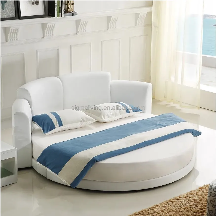 White round platform bed faux leather led light upholstered bed