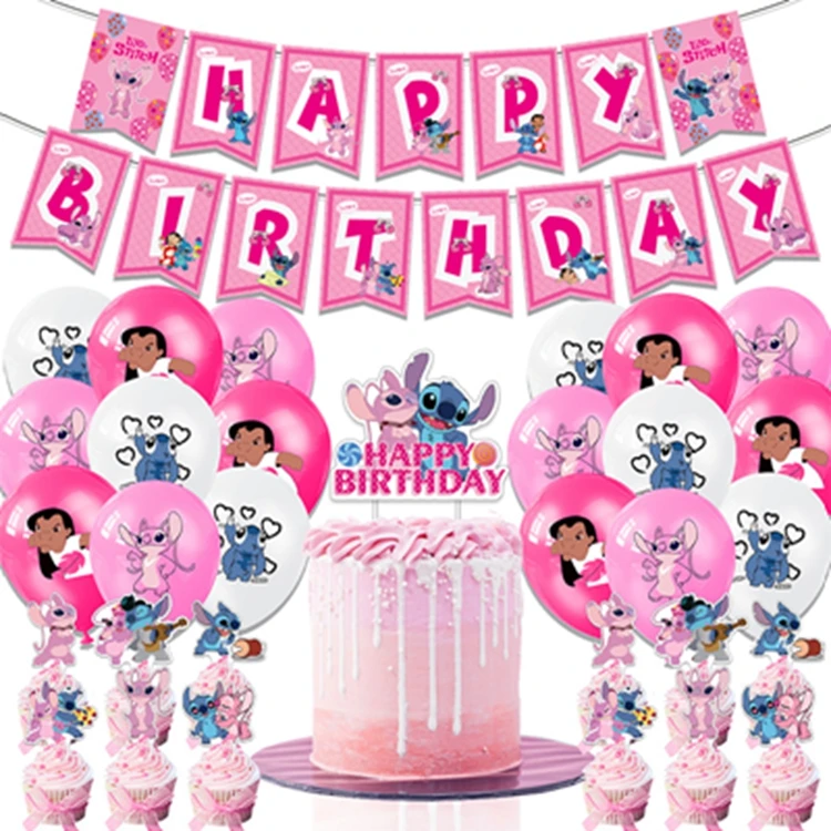 Suministros de fiesta con tema de Lilo Stitch rosa, Decoración de Pastel,  globos 3D, telón de fondo para fiesta de cumpleaños, Baby Shower,  decoraciones para fiesta de niñas