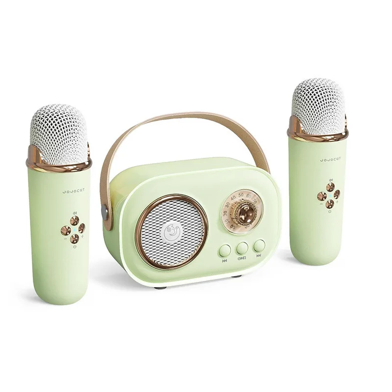 Factory Mini Bluetooth Karaoke Speaker with 2 Microphone Kids Wireless Small Singing Machine Speaker OEM Promotion Birthday Gift