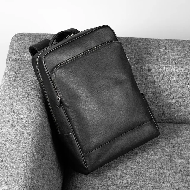 Stylish Men's Cowhide Genuine Leather Laptop Backpack Minimalist Capacity Fashion Zipper Closure Polyester Lining-Factory