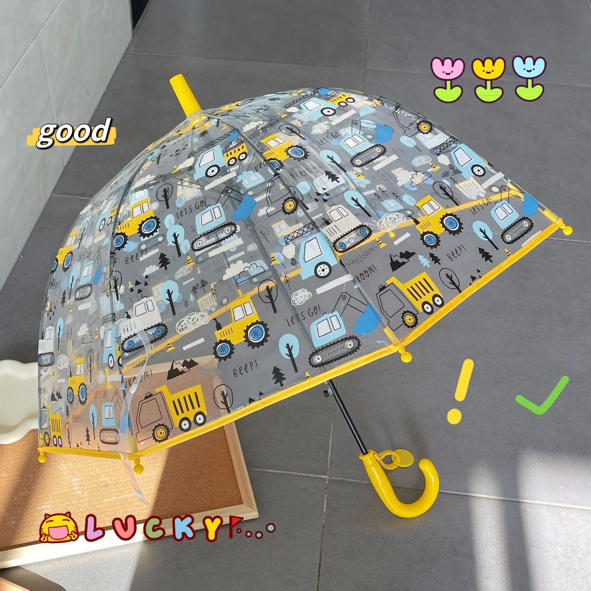 Engineering Vehicle Girls' Kindergarten Primary School Students Children's Umbrella Cute Thickening Semi-Automatic Long Umbrella