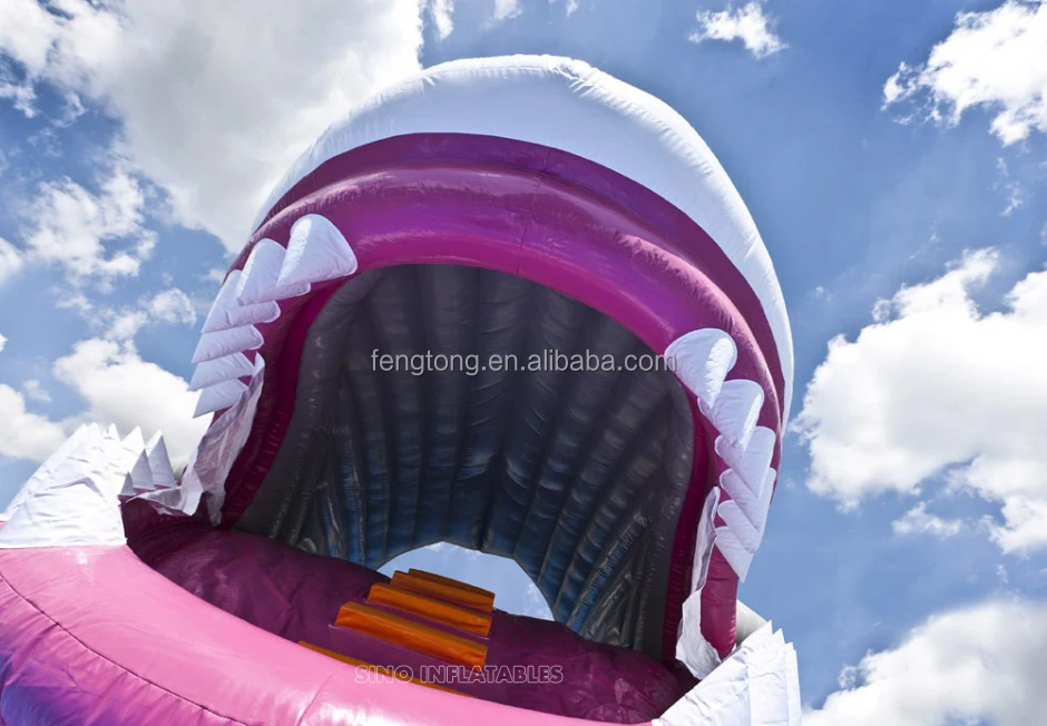 Factory 5m High Kids Inflatable Shark Water Slides With Mobile Mouth