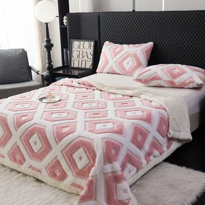 Wholesale 100% Polyester 2 Ply Sherpa Fleece Jacquard Blanket Diamond Knit Throw Thick Warm Queen/King Size Bohemian Blanket