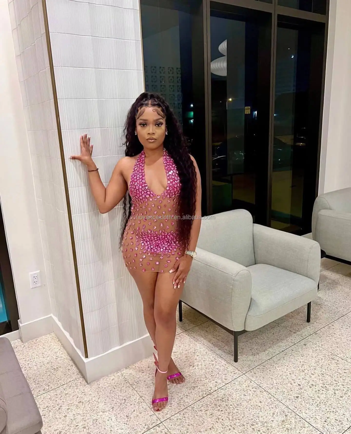 Womens Clothing Summer 2022 Sexy Hot See Through Night Club Dress Shiny Rhinestone Deep V Halter Stretchy Evening Dresses
