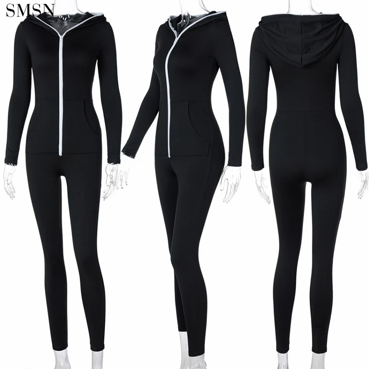 Wholesale Winter Hooded Exercise Fitted Jumpsuit Zip Up Sport Long Sleeve Bodysuits Sexy For Women Jumpsuit 2021 Sexy