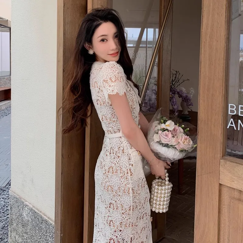 Top Quality Lace Dress 2024 Spring Wholesale Fashion Women Allover Crochet  Lace Embroidery Short Sleeve Bodycon Sheath Dress