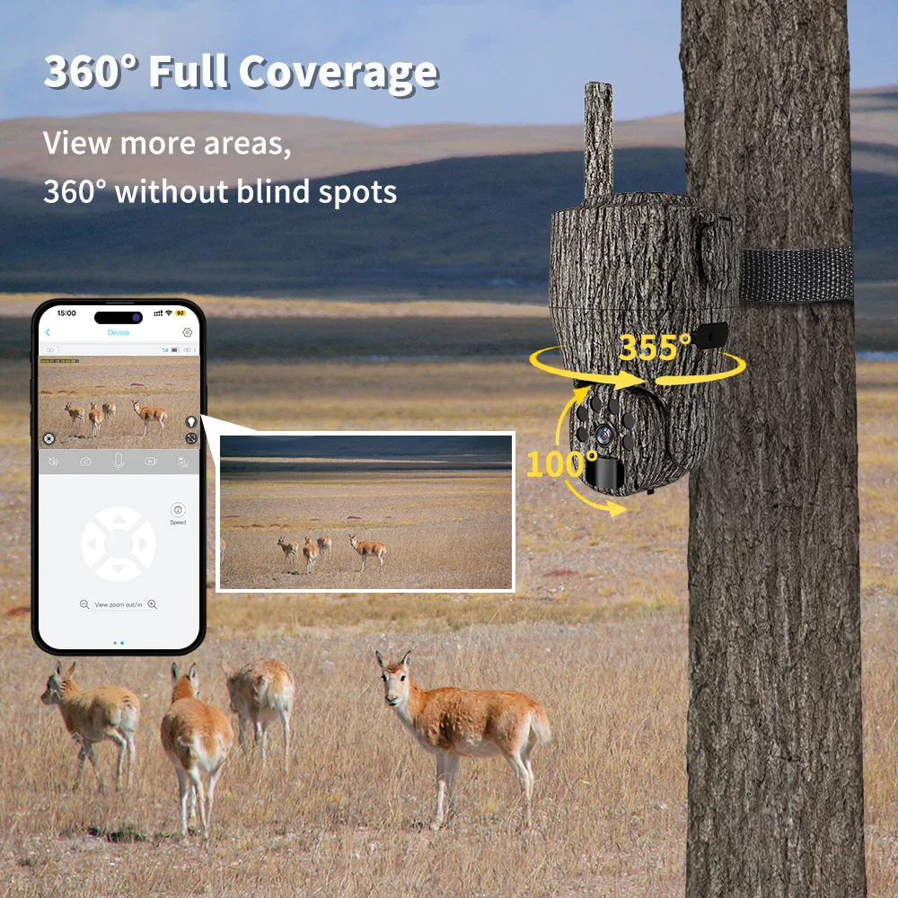 Cámara de Caza y Vigilancia PTZ 4G LTE con Transmisión en Vivo para Exteriores, Batería Recargable de 20800mAh, para Fauna Silvestre con Panel Solar