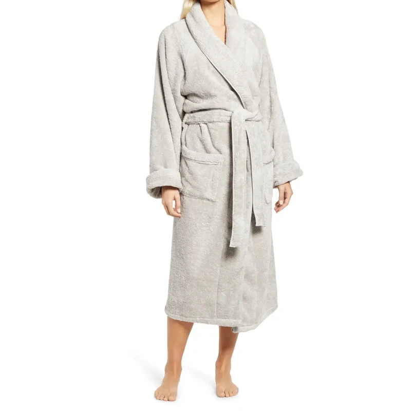 Plush cotton towel fabric plush shawl collar front patch pocket with removable belt plus size Women's home casual nightgown