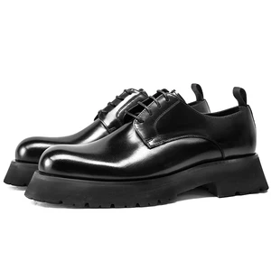 2026 Fashion Black Business Casual Genuine Leather Lace up Breathable Handmade Thick Platform Wedding Office Derby Shoes for Men