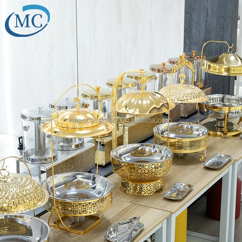 Newest Turkey Style Diamond Pattern Chafing Dish Buffet Set Luxury Golden Chafing Dishes with Hinged Lid for Restaurant
