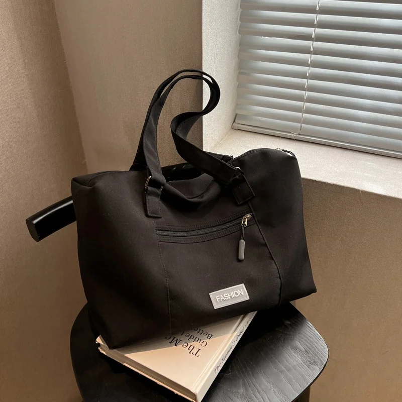 Lightweight Medium Zipper Embroidery Short-distance Travel Bag Women’s Large-capacity Canvas Tote Casual Shoulder Luggage