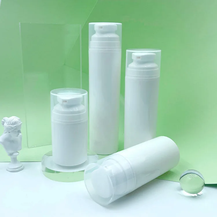 زجاجة مضخة بلاستيكية مستديرة PP للعناية بالبشرة بدون هواء مع غطاء مضخة محلول 50 مل 100 مل 150 مل 200 مل