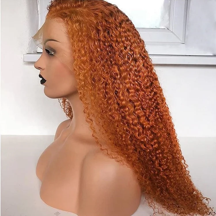 Cuticle Aligned High Density Orange Kinky Curly Raw Cambodian Human Hair Lace Frontal Wigs