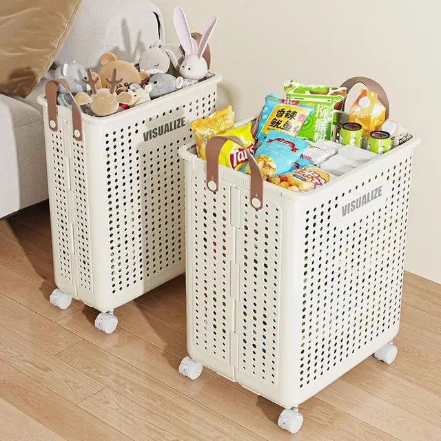 Plastic laundry basket collapsible storage clothes laundry hamper portable snack storage toy organizer with wheels