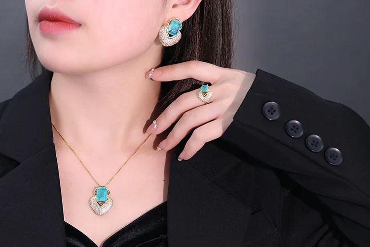 Fashion Heart Jewelry Sets Rectangular Fusion Stone Zircon Pendant