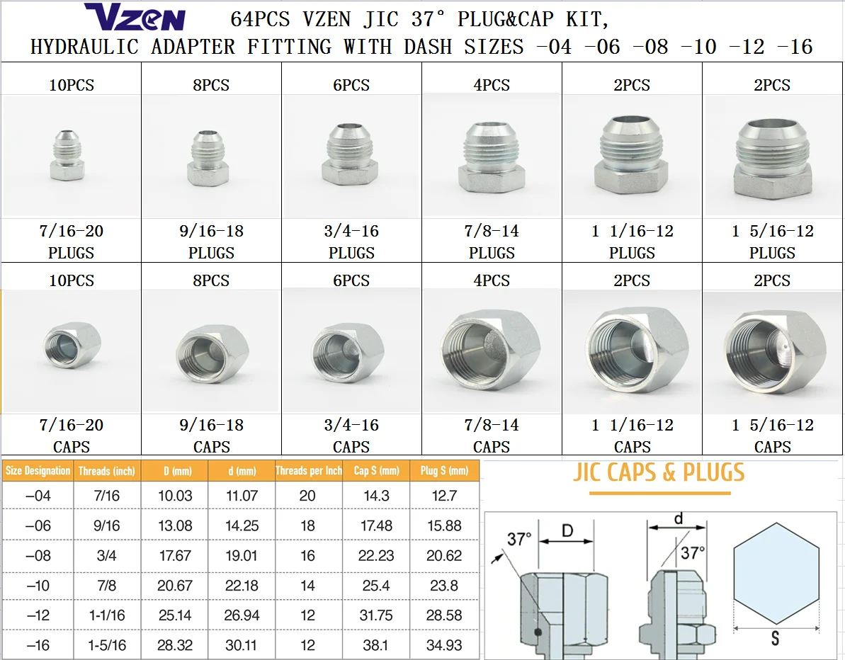 64pcs Vzen Jic Plug&cap Kits,Hydraulic Adapter Fitting With Dash Sizes ...