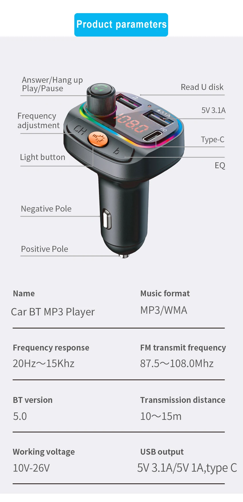 Allume-cigare de voiture transmetteur C15 Bluetooth 5.0 Fm