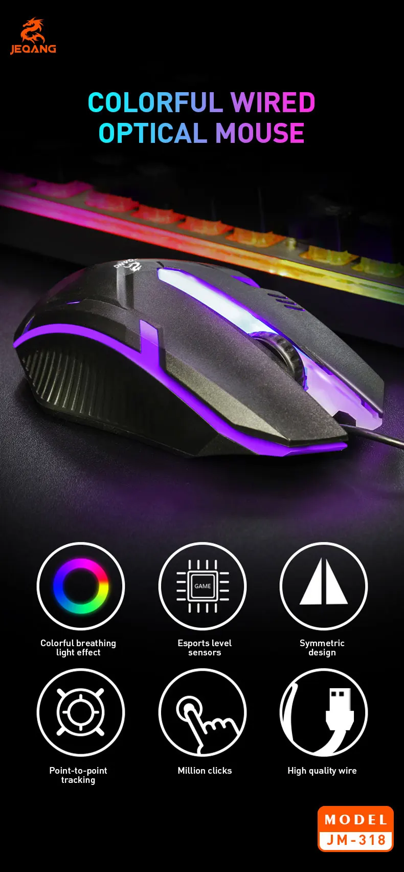 Jeqang Wired Optical RGB Mouse with LED Backlit for Gaming on PC or Laptops USB Interface Stocked
