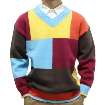 New men's autumn and winter sweater V-neck patchwork contrasting pullover sweater