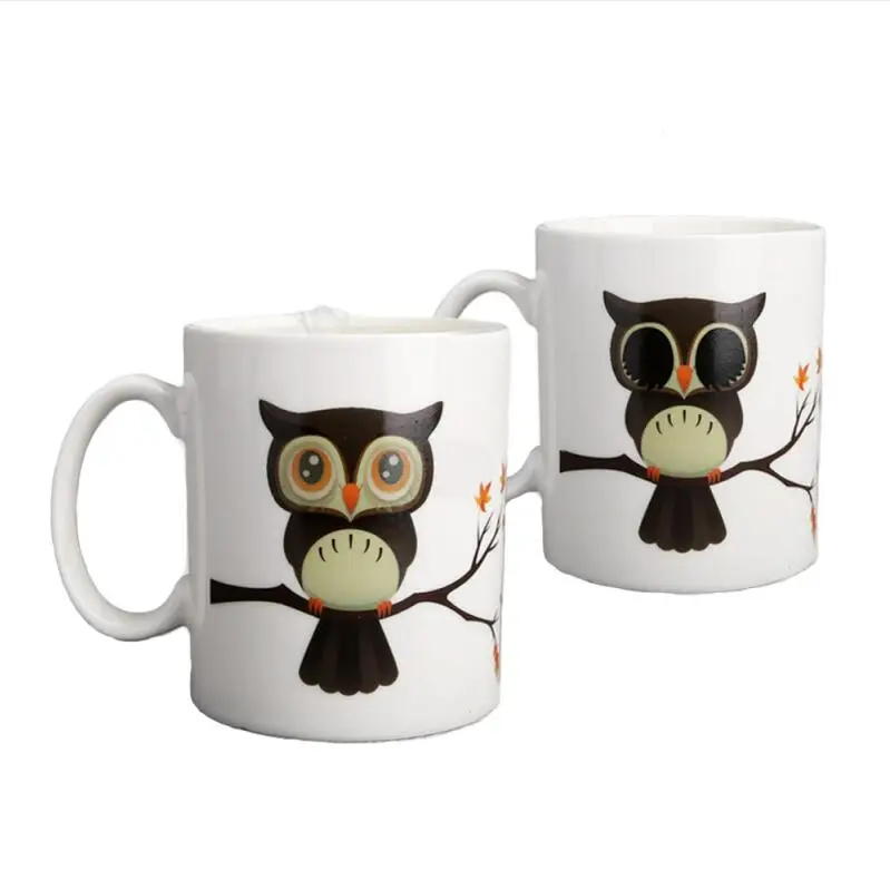Custom Print Sublimation Blank Magic Heat Changing Coffee Mug Owl Pattern Ceramic Heat Sensitive Color Changing Cup