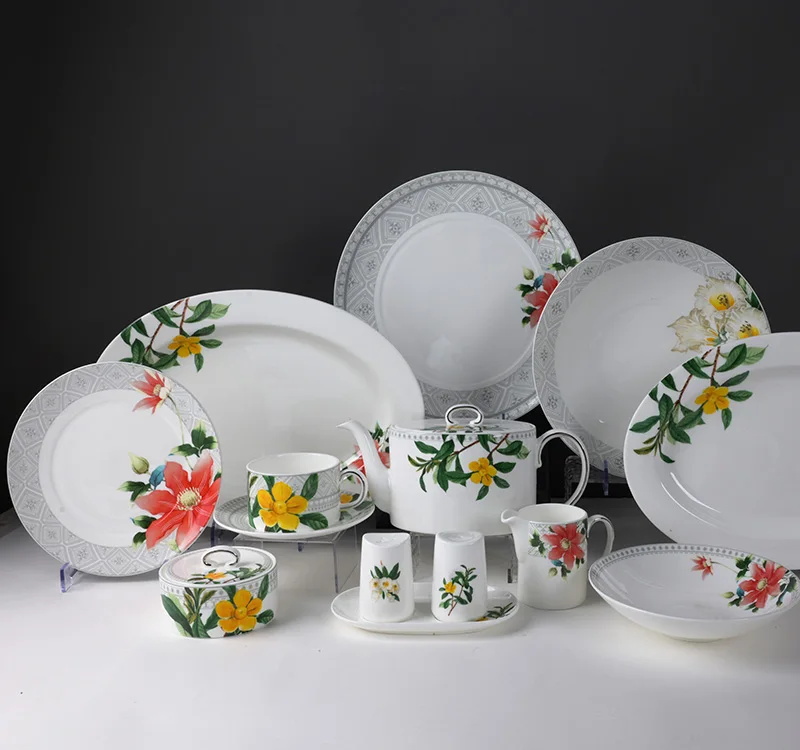 Bone Porcelain White Tableware Embossed BoneChina 48 Pcs Dinner Set Ceramic Tableware Porcelain Plates With Security Certificate