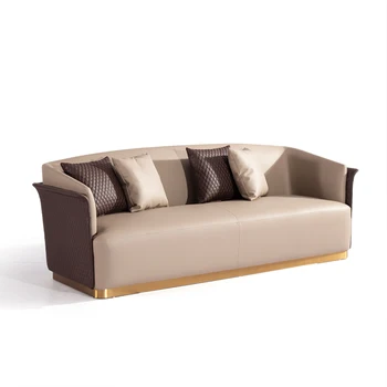 European modern style living room leather sofa single golden stainless steel leg brown french couch hotel villa apartment sofa