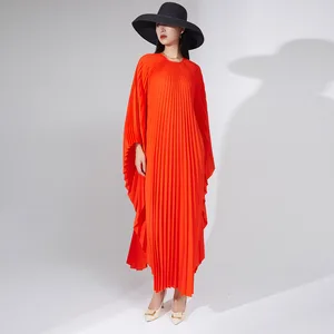 Best-Selling Women's High-End Maxi Pleated Kaftans Dress Casual Style Evening Gown Long Sleeves V-Neck Printed Fabric