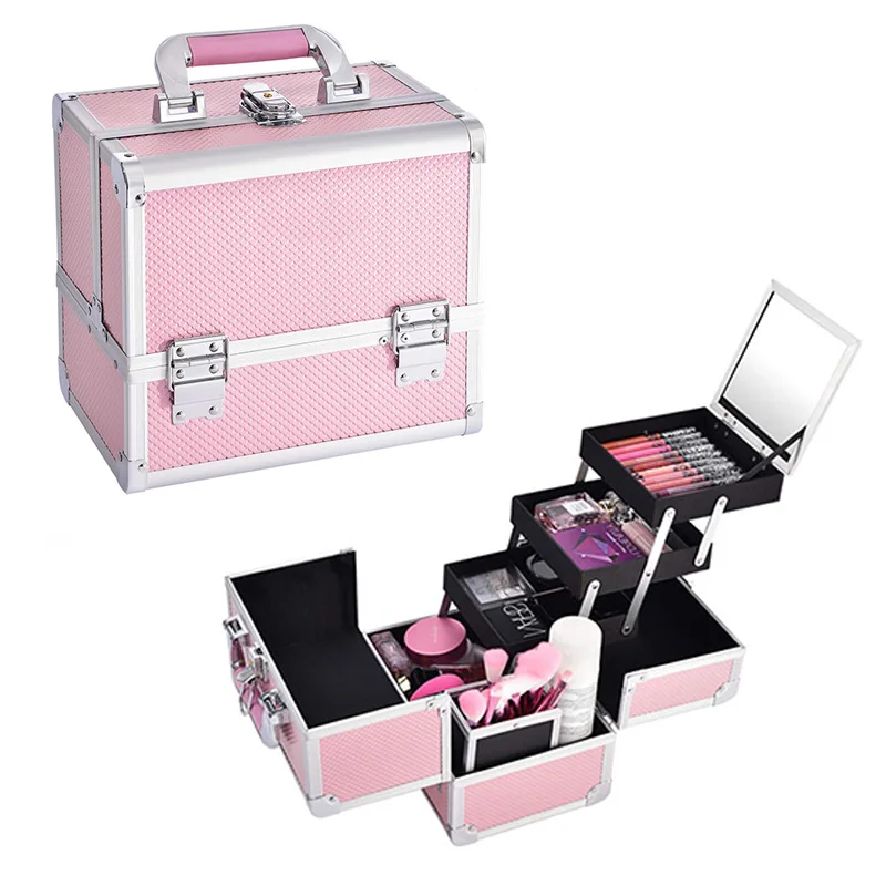 Bright Pink Makeup Train Case Vanity Boxes Portable Makeup Briefcase Nail Case Travel Cosmetic