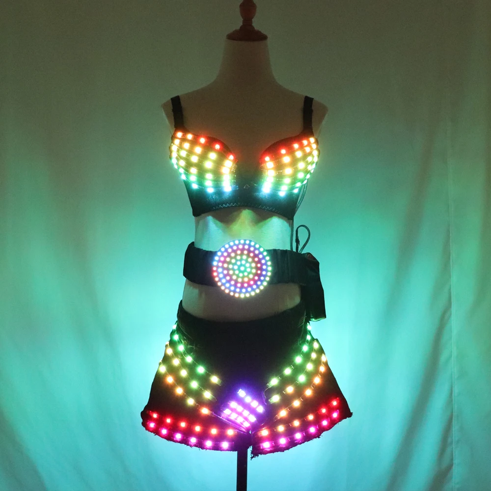 Full-Color LED Luminous Light Party Skirt Sexy Girl LED Light Costumes Ballroom Dance Outfit for Adults Unisex DJ DS Bra Suit