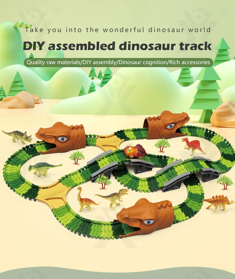 Chengji 268 pcs flexible road electric rail toy dinosaur track toys car low moq animal dinosaur race car track toy sets