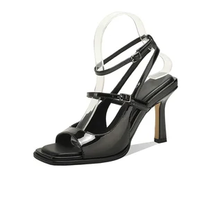 Moncheer Summer Collection High Quality Women's Black Glossy Multi-Strap High Heel Sandals  Square Toe Stiletto Dress Shoes