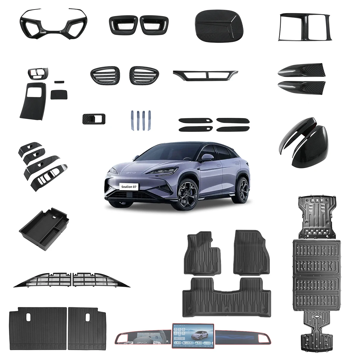 إكسسوارات خارجية لـ Sealion 07 من BYD، قطع وكماليات هيكل السيارة، إكسسوارات خارجية عالية الجودة بنمط ألياف كربون مقلدة