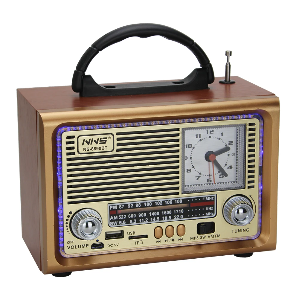 Rechargeable Wooden Portable Radio - AM/FM/SW 3 Band Clock with