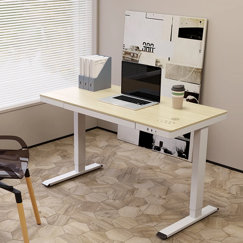 Wooden Top Modern Home Office Computer Table with Storage Drawer Electric Height Adjustable Standing Desk with Wireless Charger