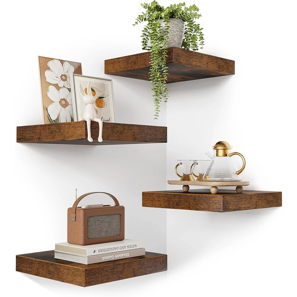 Nu-Deco MH26055 Corner Floating Shelf Set 4 9.84 Rustic Wood Heavy Duty Wall Mounted for Bathroom Bedroom Kitchen Living