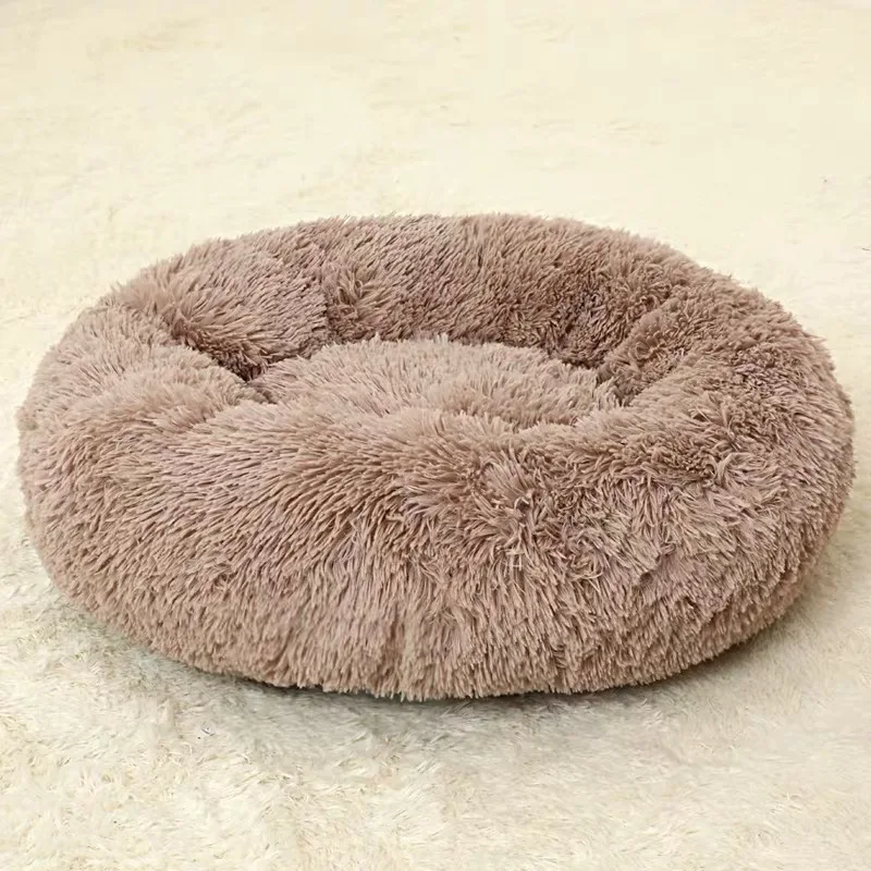 grey fluffy dog bed