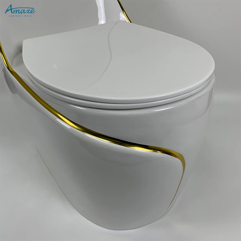 Good quality luxury design floor mounted wc white gold line egg shape water closet bathroom ceramic one piece toilet bowl factory