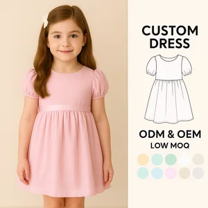Wholesale Girls Puff Sleeve Dresses Solid Color Casual Kids Party Dress OEM ODM Soft Cotton Toddler Girls Summer Wear