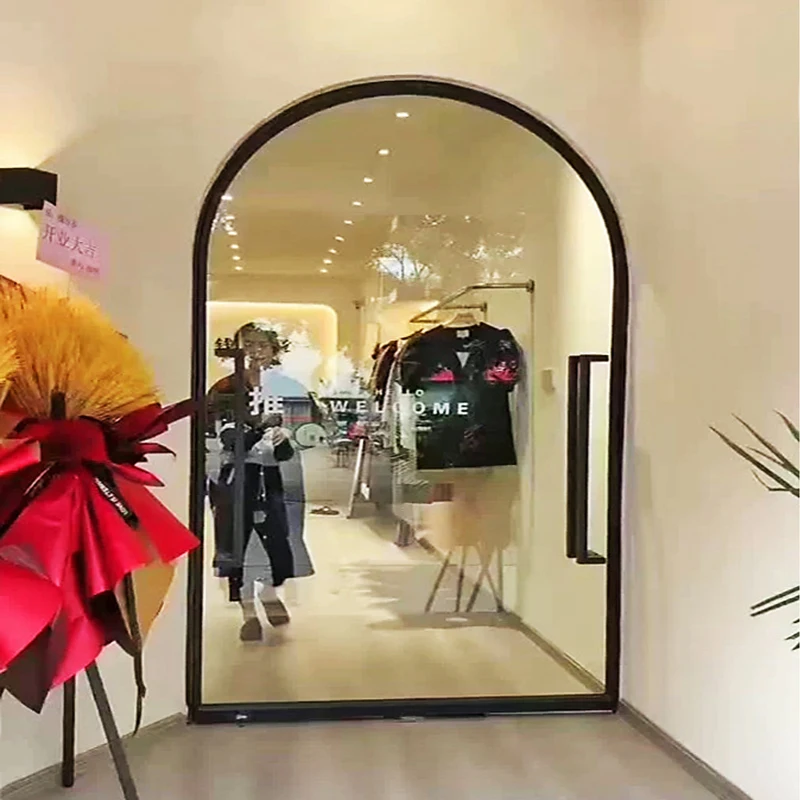 Commercial Pivot Arch Glass Door Custom Made Shop Front Stained Tempered Glass Door Storefront Glass Doors Classic Rounded Top