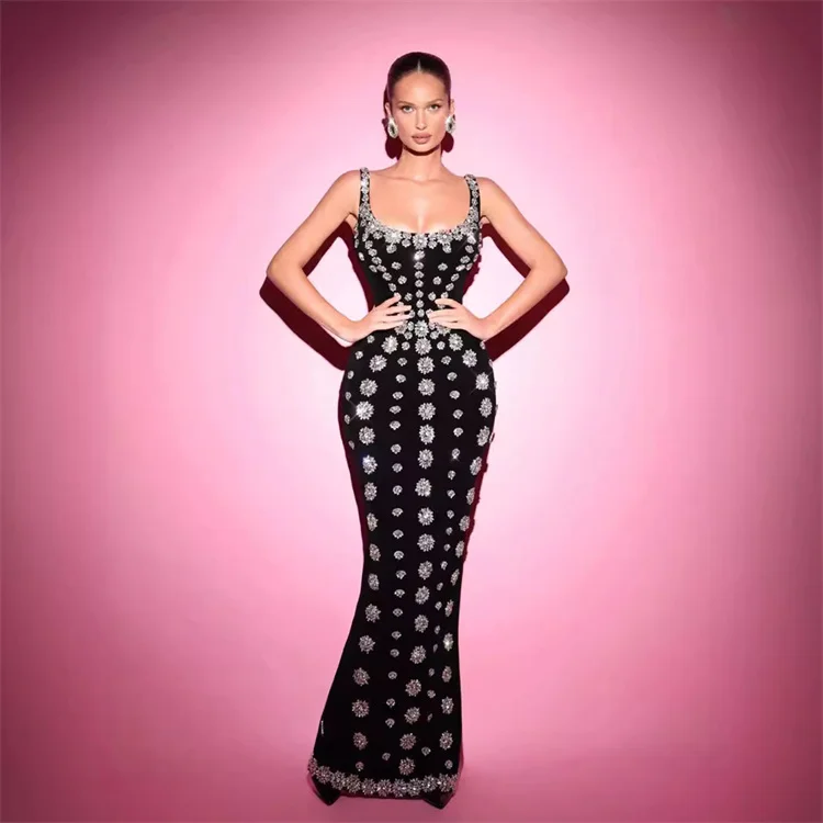 2024 Luxury Black Diamond Sleeveless Evening Party Bodycon Dress Ladies  Sexy Bandage Suspender Long Dresses