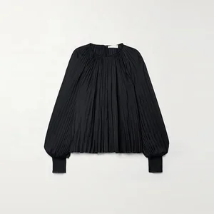 Clothing Manufacturer Custom Spring Autumn Black Crew Neck Long Sleeve Elegant Casual Women Pleated Satin Blouse