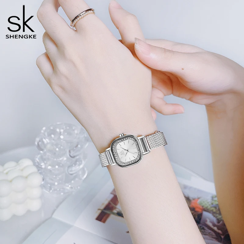 SHENGKE Fashion Square Dial Quartz Watches Women's Luxury Brand Wristwatches Lady Black Stainless Steel Mesh Band Watch Clock