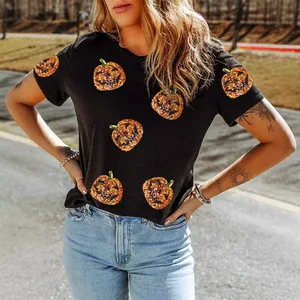 High Quality Halloween Oversized T-Shirt for Women Casual Crew Neck Style with Custom Embroidered Sequin Graphic Design