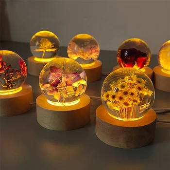 Eternal Flower Rose & Dandelion Crystal Ball Night Light Luminous Specimen Resin Small Wooden Base Home Decor Cherry Blossom