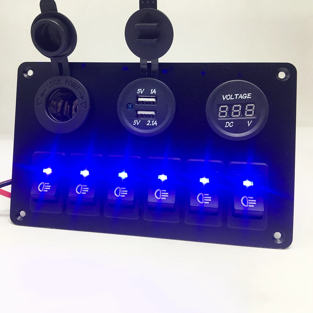 Pannello Interruttori A Bilanciere 6 Gang Con Voltmetro E USB - Per Auto, Barche, 12V/24V