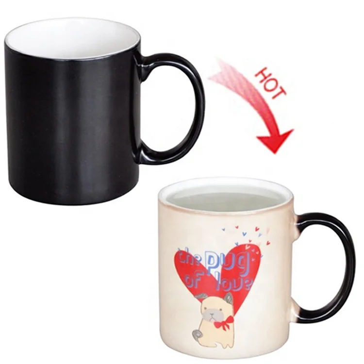 11oz Heat Sensitive Color Changing Magic Black Sublimation Ceramic Coated Heart Handle Mug With Customized