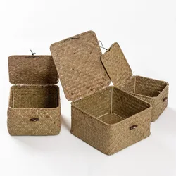 Rattan Storage Box Makeup Organizer Multipurpose Container with Lid Natural sea grass baskets for home
