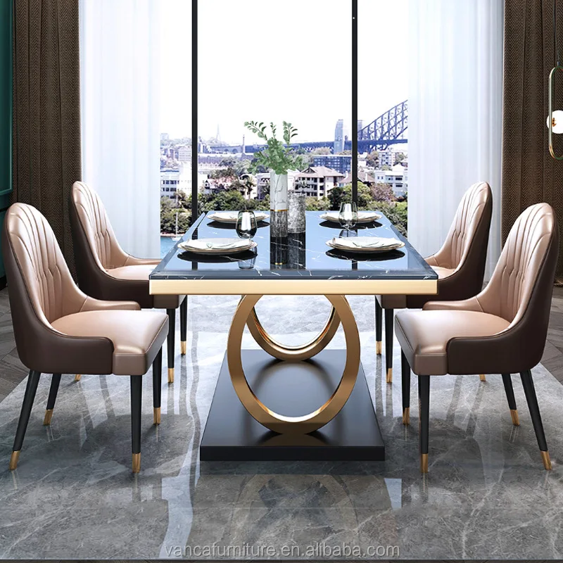 高級黒大理石レストラン家具ダイニングセットゴールドシルバー脚8人