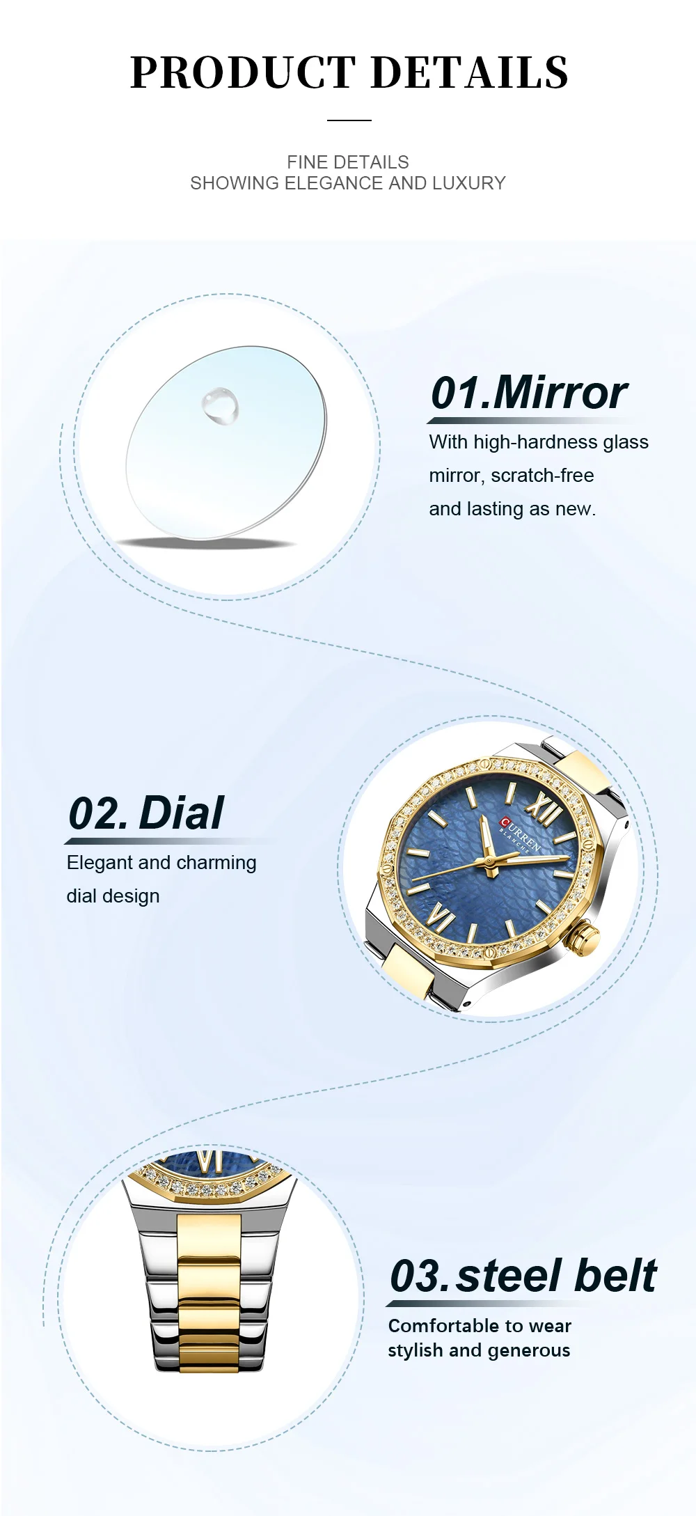 CURREN 9103 Elegant Rhinestone Ladies Watch Lightweight Luminous Quartz Watch Waterproof Stainless Steel Clock