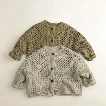 1-7Yrs kids children's unisex solid color thick warm Knit button crochet Sweater  with high quality